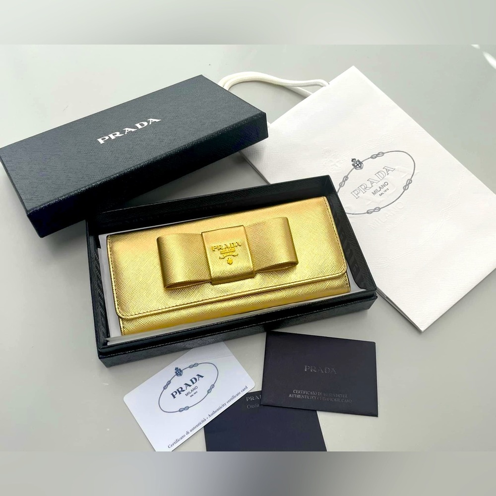 Prada Gold Saffiano Leather Bow Continental Wallet